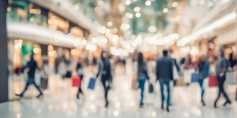 Blurred background of a modern shopping mall with some shoppers. Abstract motion blurred shopping. - obrazy, fototapety, plakaty