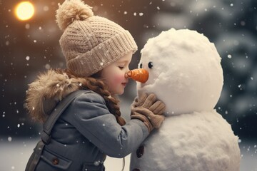 Little girl kisses and hugs a christmas snowman of winter. Happy child girl plaing with a snowman on a snowy winter walk. - obrazy, fototapety, plakaty