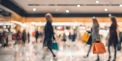 Blurred background of a modern shopping mall with some shoppers. Abstract motion blurred shopping.
