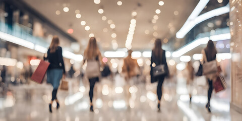 Blurred background of a modern shopping mall with some shoppers. Abstract motion blurred shopping.