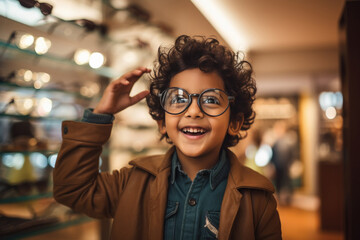 Indian boy choosing glasses at optical shop