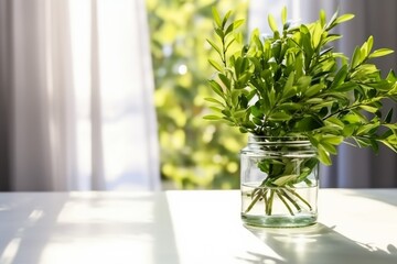 Morning spring still life, plants ruscus branches in a jar of water. generative ai.