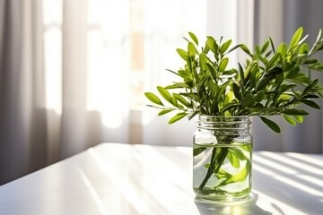 Morning spring still life, plants ruscus branches in a jar of water. generative ai.