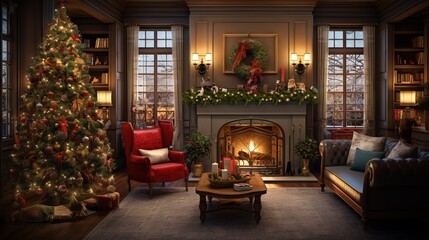 Fototapeta na wymiar Cozy and festive interior with glowing Christmas tree, fireplace, and wrapped gifts in dark room