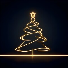 Christmas tree gold neon lines with a star on black background