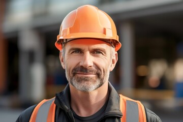 Close up portrait of adult construction worker wearing hard hat and worker shirt - obrazy, fototapety, plakaty