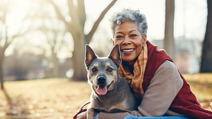 Portrait of senior african american woman playfully holding her dog in park. Love for animals concept.
 - obrazy, fototapety, plakaty