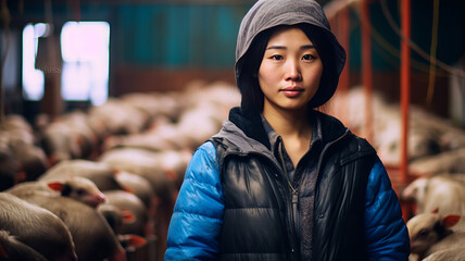A smiling asian female pig farmer stands with his arms folded in the poultry shed ,generative ai - obrazy, fototapety, plakaty