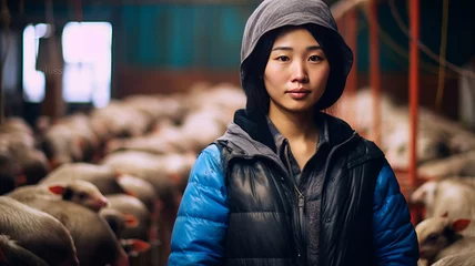 Fotobehang A smiling asian female pig farmer stands with his arms folded in the poultry shed ,generative ai © Suralai