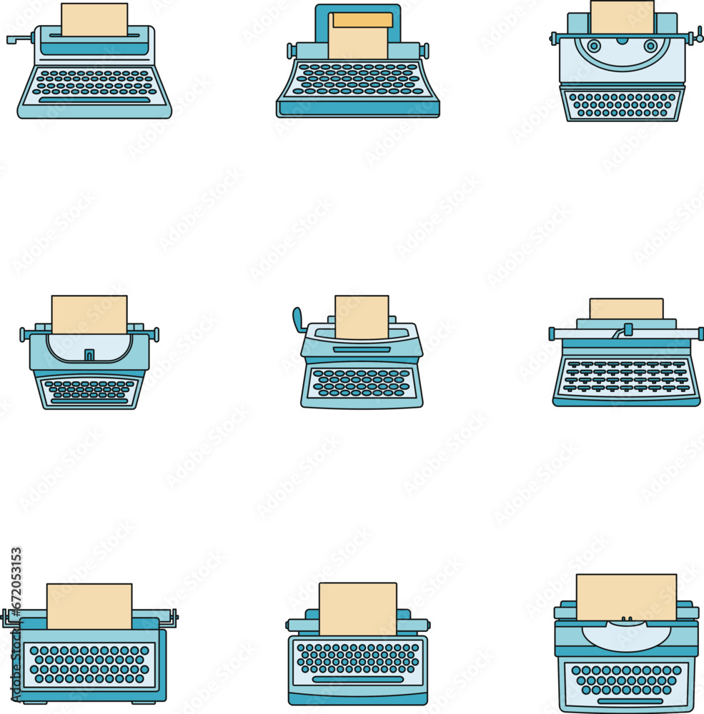 Poster typewriter machine keys old keyboard icons set. outline illustration of 9 typewriter machine keys ol