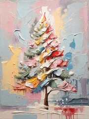 Abstract oil painting of Christmas tree  pastel colors splash
