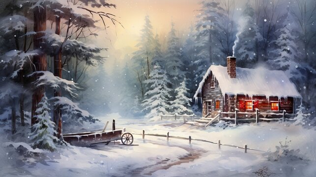 Watercolor painting of a cozy winter cottage with a wooden sled and snowy pine trees