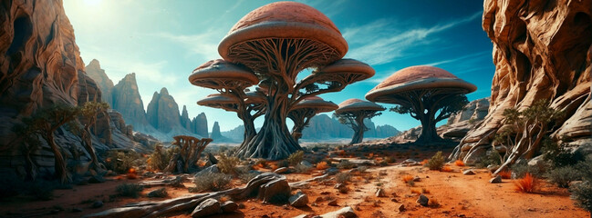 Wide-angle shot of an alien planet landscape. Breathtaking panorama of a desert planet with canyons and strange rock formations. Fantastic extraterrestrial landscape. Sci-fi wallpaper. - obrazy, fototapety, plakaty