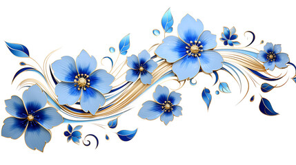 Blue blossom flowers swirls gold painted isolated on white background
