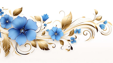 Blue blossom flowers swirls gold painted isolated on white background