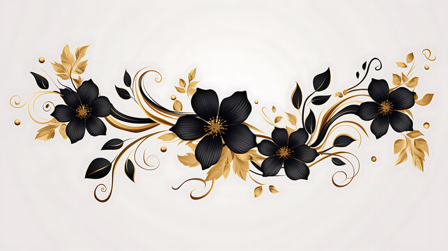 Black blossom flowers swirls gold painted isolated on white background