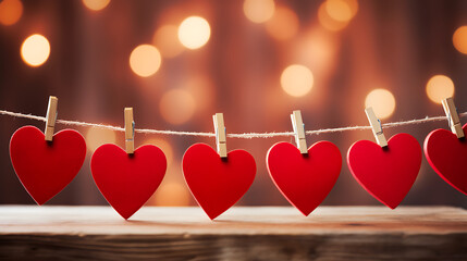 Red hearts hang on wooden clothes pegs on a string