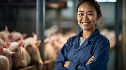 A smiling asian female pig farmer stands with his arms folded in the poultry shed .Generative AI - obrazy, fototapety, plakaty