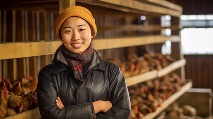 A smiling asian female chicken farmer stands with his arms folded in the poultry shed .Generative AI