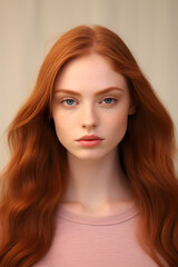 Young adult woman beauty female redhead model, attractive 20s lady with long red hair beautiful face healthy skin looking at camera isolated at beige pastel background. Aesthetic headshot portrait