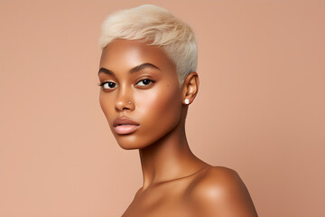 Young adult happy Black woman beauty female model, pretty cool gen z African lady with short blond hair healthy face skin and nose piercing looking at camera isolated at beige background - obrazy, fototapety, plakaty