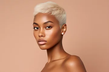 Foto op Plexiglas Young adult happy Black woman beauty female model, pretty cool gen z African lady with short blond hair healthy face skin and nose piercing looking at camera isolated at beige background © sam