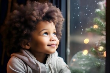 African boy looking at the window waiting for Santa Clause, Christmas