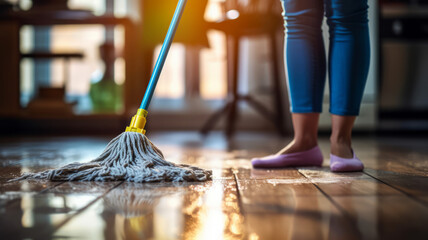 A young woman cleaning floor with wet mop at home.generative ai