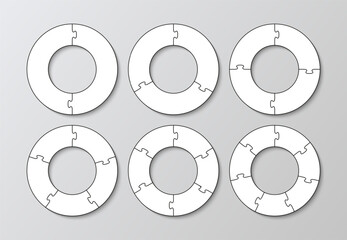 Ring jigsaw grids with 2, 3, 4, 5, 6, 7 pieces. Cutting templates set with details. Puzzle grid collection. Scheme for thinking game. Simple mosaic background. Frame tiles. Vector illustration.