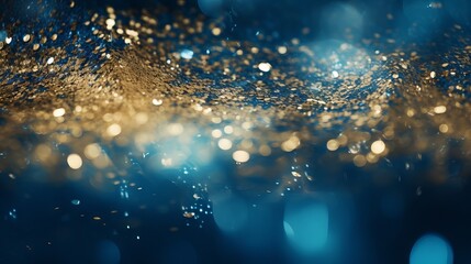 Abstract glitter lights background in blue, gold and black colors. De-focused bokeh effect. Banner...