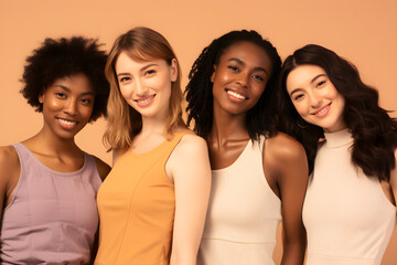 Fototapeta premium close up of Smiling confident diverse young women isolated on beige background. Happy multi ethnic ladies, four multicultural girls friends beauty underwear models group hugging looking at camera
