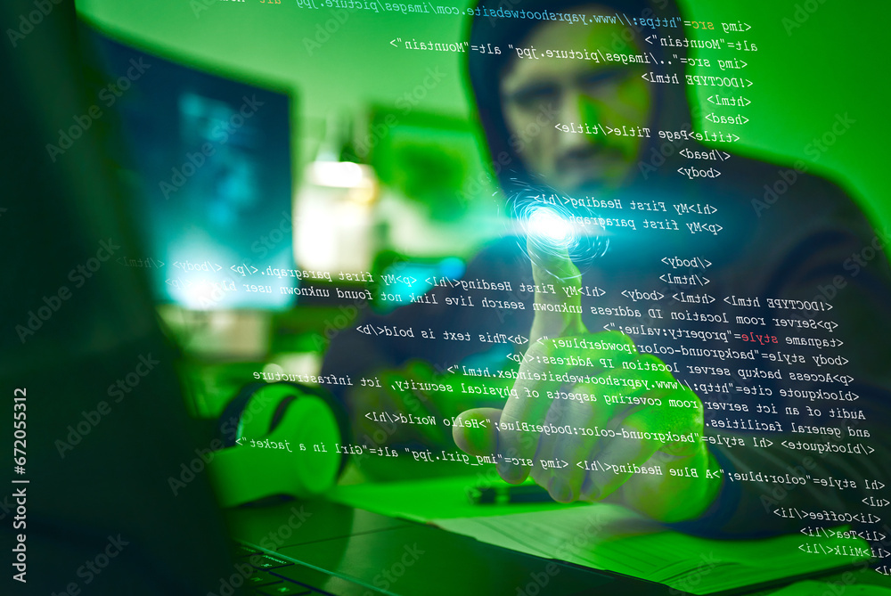 Aufkleber Computer hacker, virtual touch and man with coding, phishing or cybersecurity software. Dark, finger and thief person with information hologram for ransomware, access or pc programming data script