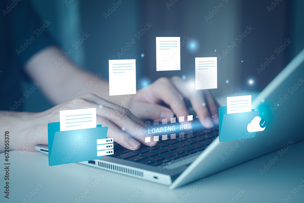 Leinwandbilder hand typing on laptop for send a document from on-premise to cloud on internet. data transfer, excha