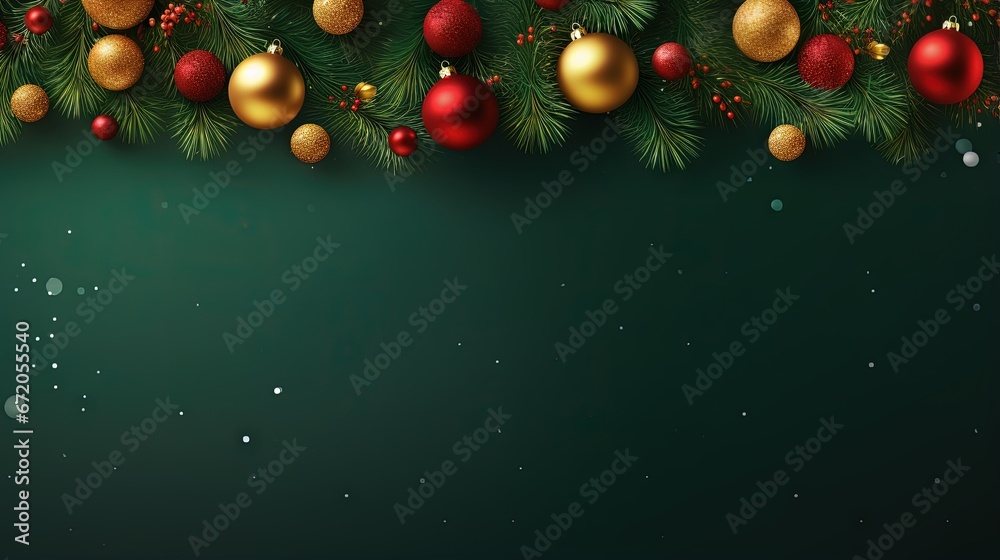 Poster square banner with gold and red christmas symbols and text. christmas tree, balls, golden tinsel con