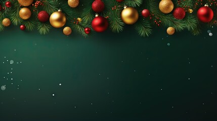 Fototapeta na wymiar Square banner with gold and red Christmas symbols and text. Christmas tree, balls, golden tinsel confetti and snowflakes on green background. Header for website template.
