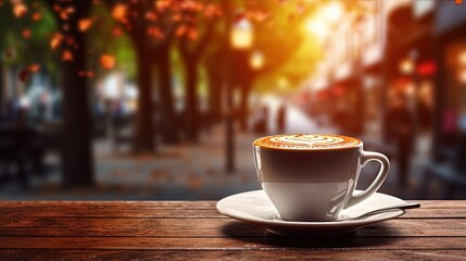 Fototapeta premium Hot art Latte Coffee in a cup on wooden table and Coffee shop blur background with bokeh image