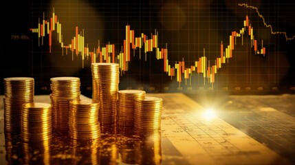 Investment growth concept with price of gold on gold market graph background: Candle stick graph chart for investment trading to grow in the active high trend and low trend. - obrazy, fototapety, plakaty