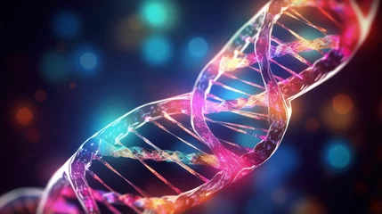 Fotobehang DNA. Study of gene structure of cell. Bright neon light. DNA molecule structure. 3D double helix illustration. Genetic engineering of the future © HN Works