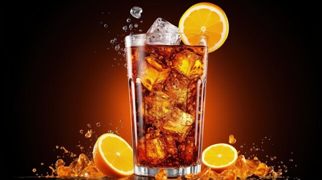 Cola soda drink with lemonade and orange soda with ice cubes and bubbles on white background.