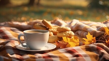 Naklejka na ściany i meble Autumn picnic in the park. Cup of coffee, apple and cookies on picnic plaid on nature yellow leaves. Active lifestyle concept