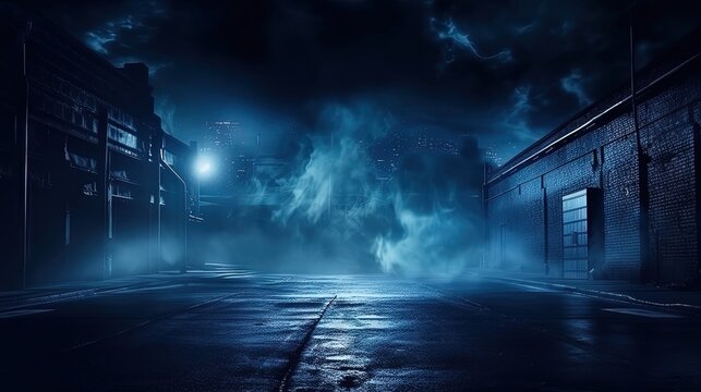 A dark empty street, dark blue background, an empty dark scene, neon light, spotlights The asphalt floor and studio room with smoke float up the interior texture. night view