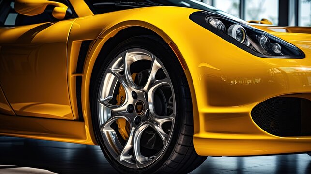 Part of front end of a yellow sport car, headlights and part of wheel showing. Close-up photograph of the body of a yellow super sports car