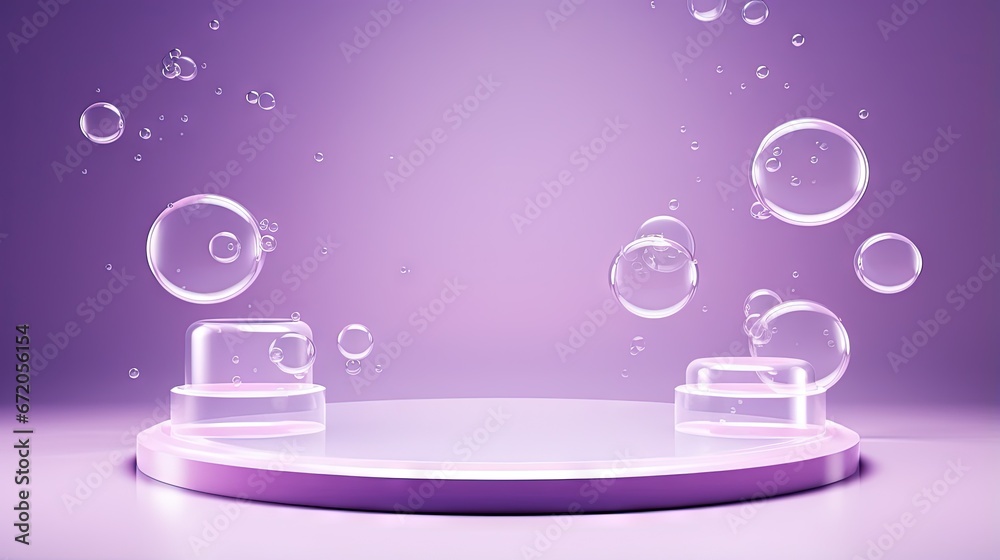 Poster podium with water drops or air bubbles isolated on purple background. mock up blank abstract geometr