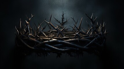 A 3D render concept of branches of thorns woven into a crown depicting the crucifixion casting a shadow of a royal crown on a dark background - obrazy, fototapety, plakaty