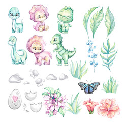 Watercolor set baby dinosaur with tropical leaves and flowers. Dino egg. Clipart for babyshower, nursery, stickers, prints with historical animals. Isolated