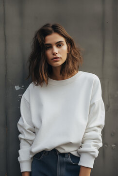 white sweatshirt mockup a portrait photograph of a woman girl standing in front of an gray grey concrete industrial wall