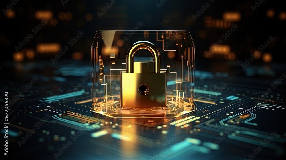 Fototapete User information protection and cyber security concept with digital closed padlock with keyhole inside above virtual multi levels on abstract dark technological background. 3D rendering