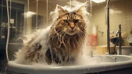 Groomer washing cat in grooming salon. Cat bathing. a lot of foam