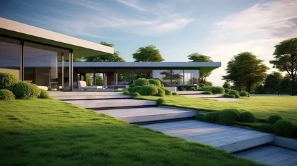 Fotobehang House with concrete terrace near empty grass floor. 3d rendering of green lawn in modern home. © HN Works