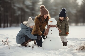 Happy family mother and children having fun, plaing with a snowman on a snowy winter walk. - obrazy, fototapety, plakaty